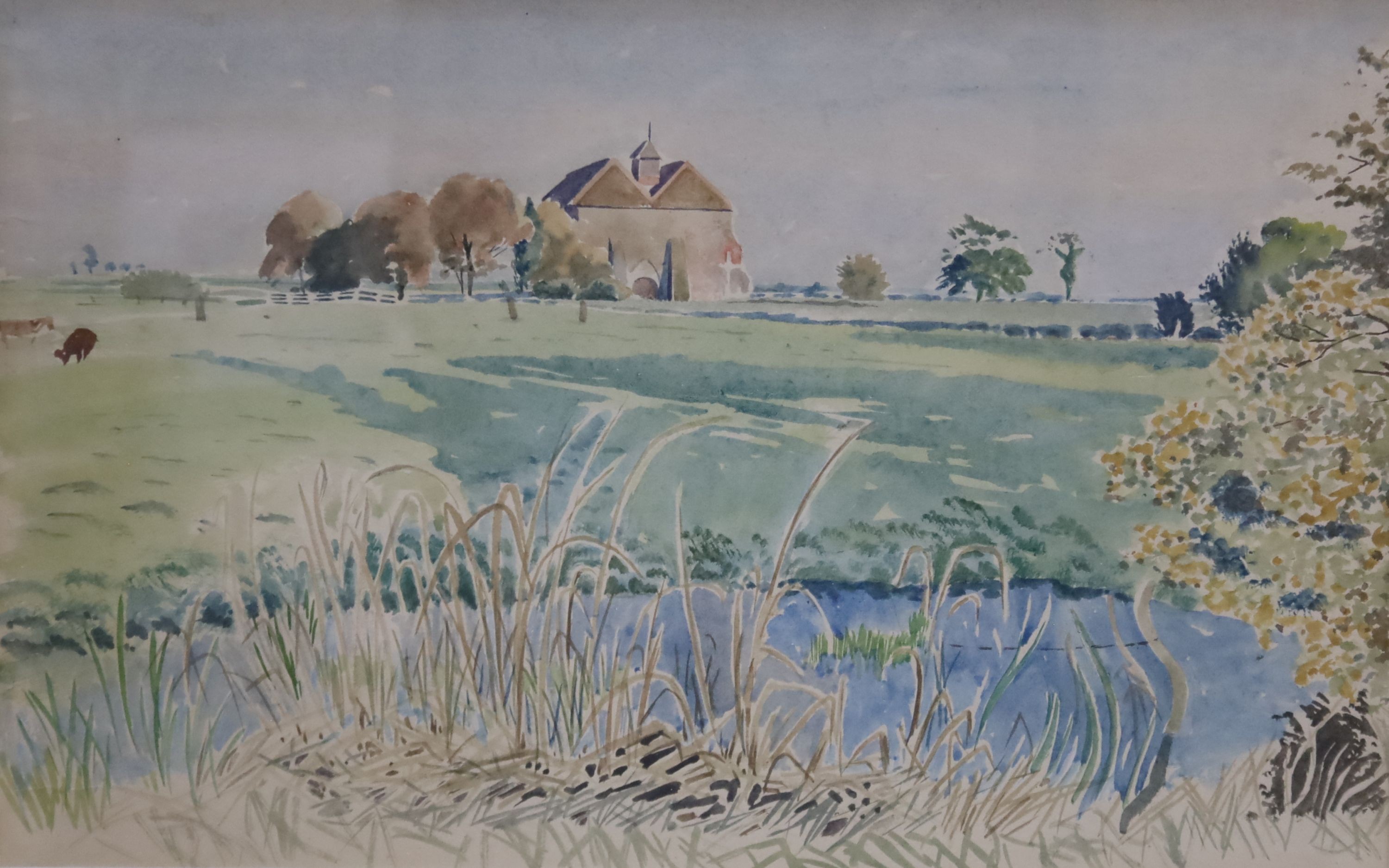 Guy Seymour Warre Mallett (1900-1973), watercolour, 'Guldeford, Sussex across the Marsh', Abbott & Holder label verso, 21 x 34cm